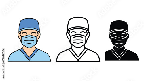 Three medical professionals wearing masks and scrubs in different colors