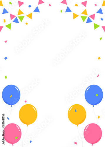 ガーランド、旗、紙吹雪、風船のデコレーションフレーム、縦向き