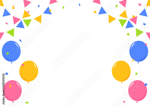 ガーランド、旗、紙吹雪、風船のデコレーションフレーム