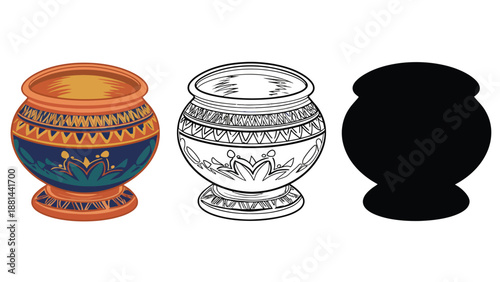 Three different versions of a colorful ornate vase on a white background