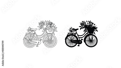 Three bicycles with flowers in the basket in different colors and styles