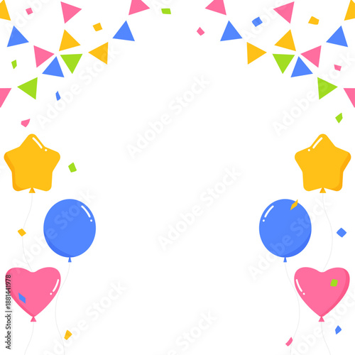 ガーランド、旗、紙吹雪、風船のデコレーションフレーム、正方形サイズ