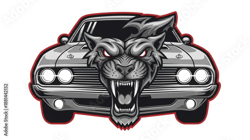 Aggressive Wolf Head Emblem on Vintage Car Front.