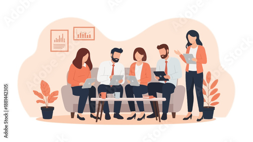 Diverse team collaborating on laptops in a modern office meeting room