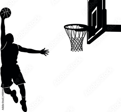 Basketball dunk silhouette illustration isolated on white background slam dunk action athlete sport energy minimalist stock vector design
