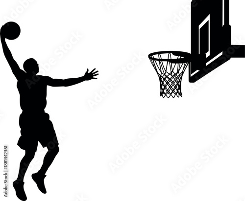 Basketball player dunk silhouette illustration isolated on white background slam dunk sport action athlete minimalist stock vector graphic design art