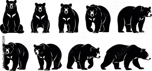 Black bear silhouette set illustration isolated on white background wildlife animal poses collection minimalist stock vector art graphic design bundle