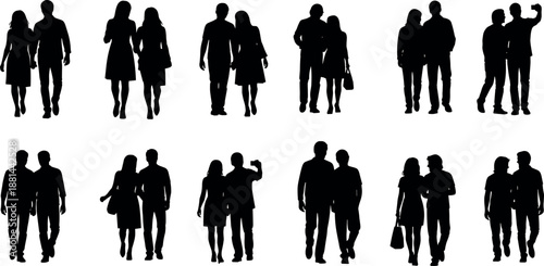 Set of Twelve Black Silhouettes of Walking Couples Holding Hands and Taking Selfies Isolated on White Background Vector