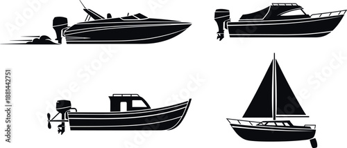 Boat silhouette collection featuring motorboat, fishing boat, speedboat, sailboat, marine transport icons, nautical design elements, black vector illustration