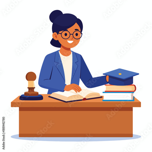 Educator illustration: Smiling professional woman learning at desk with academic and legal symbols
