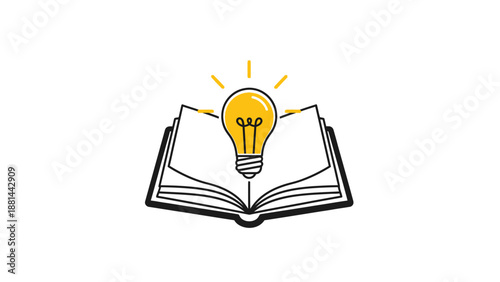 Knowledge enlightens the mind: an open book radiating a bright idea light bulb