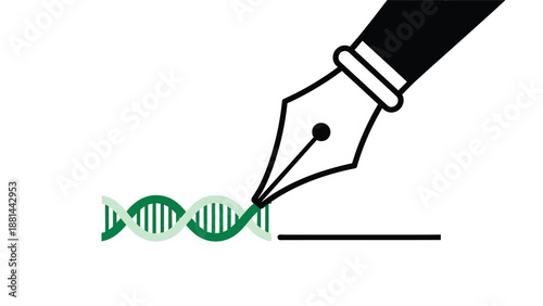 Fountain pen interacting with a green dna double helix, symbolizing genetic research and editing