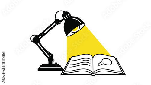 An adjustable desk lamp casts a bright yellow light onto an open book, symbolizing study and learning