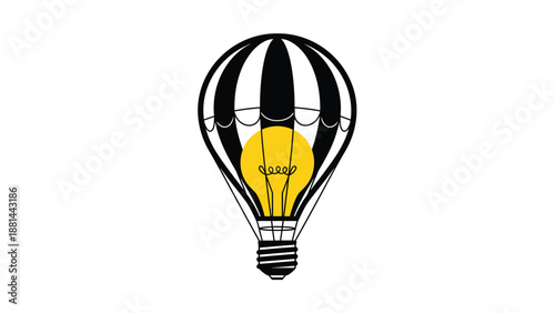 A creative illustration of a hot air balloon powered by a glowing light bulb representing new ideas