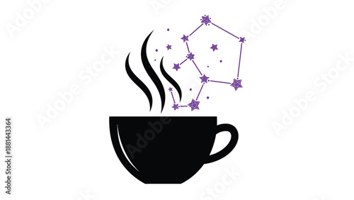 A steaming cup of coffee from which a celestial purple constellation magically rises