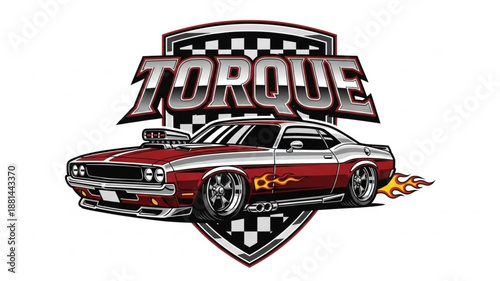 Vintage Muscle Car with Flames and Torque Logo.