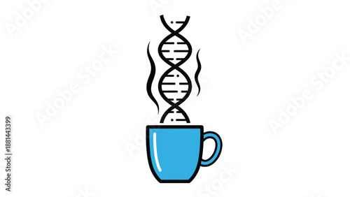 Genetic code rising from a coffee mug, symbolizing essential daily energy and life.