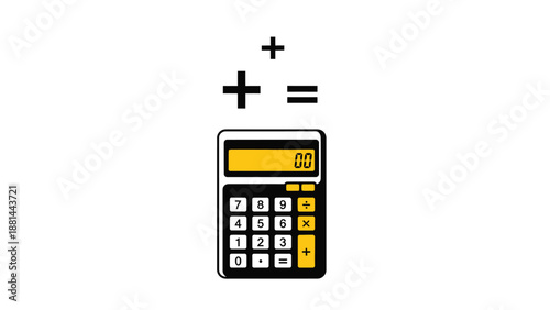 A classic black and yellow digital calculator with mathematical symbols for addition
