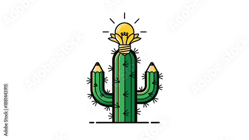 Creative writing cactus with a bright idea lightbulb symbolizing innovation and growth
