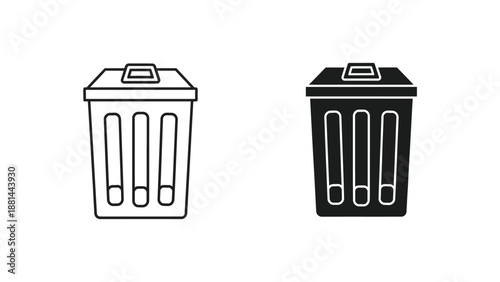 Trash cans in black and white line art recycling symbol waste management icons