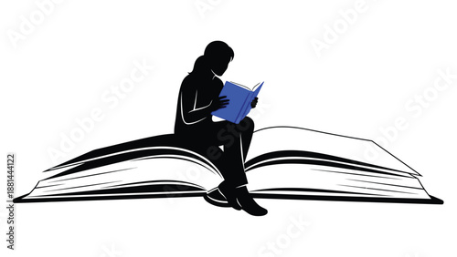 A silhouette of a person sitting on a giant open book while intently reading a smaller blue book