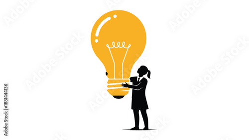 A businesswoman embracing a large bright idea light bulb, symbolizing innovation and new concepts.