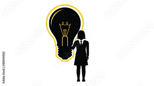 Businesswoman standing alongside a brilliant lightbulb, representing innovation and bright ideas