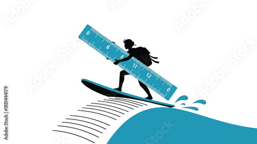 Student riding a knowledge wave with a ruler, symbolizing academic challenge and precision