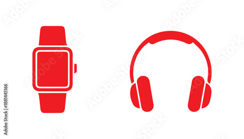 Red icon set of a smartwatch and over-ear headphones displayed against a plain white background for interface design.