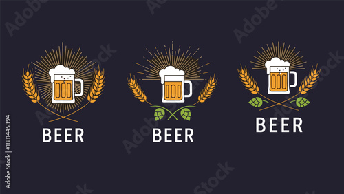 Trio of brewery logos featuring frothy beer mugs surrounded by golden wheat stalks and green hops on a dark background.