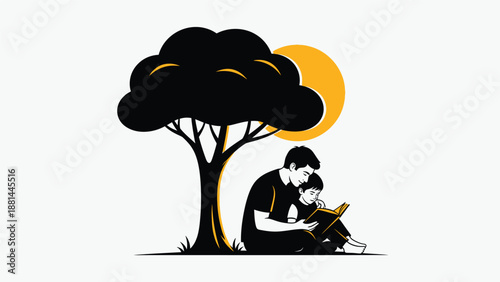 Father and son enjoying a quiet moment of reading together under the shade of a tree with the sun in the background