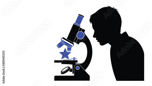 Young scientist silhouette observing a blue star under a microscope for discovery