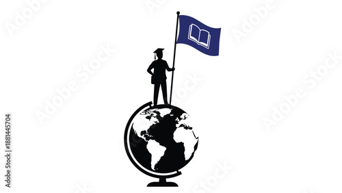 Graduate stands on a globe holding a flag with an open book, symbolizing global education and achievement
