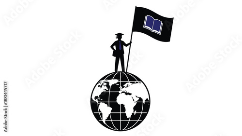 Graduate standing on a globe, holding a flag with an open book, symbolizing global education