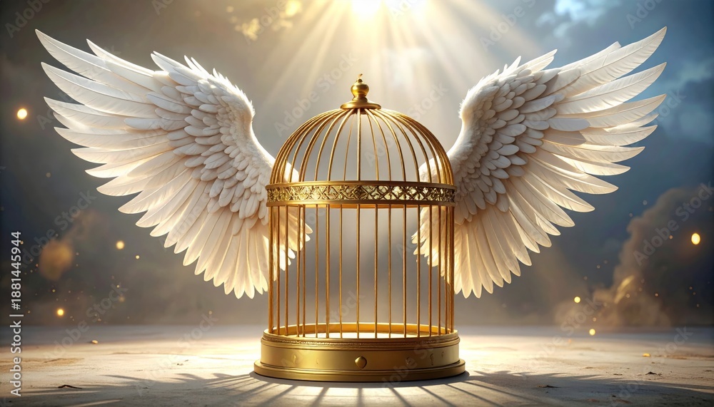 Naklejka premium 3D illustration of a vintage golden angel with wings flying by an open metal birdcage near a Christmas tree in a winter snow sky background as a symbol of freedom from a glass prison