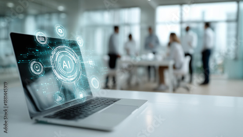 近代的なオフィスで展開されるAI（人工知能）のニューラルネットワークとデータ解析のコンセプトイメージ