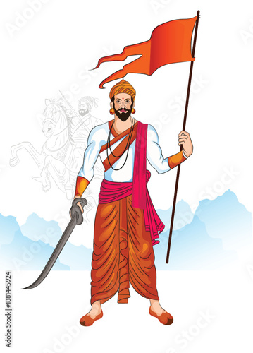 illustration of Chhatrapati shivaji maharaj jayanti Chhatrapati Shivaji Maharaj with a traditional turban, pearl jewelry and a pavilion silhouette; evokes Maratha heritage, bravery, leadership and his