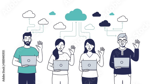 Diverse team collaborating with cloud computing technology on laptops