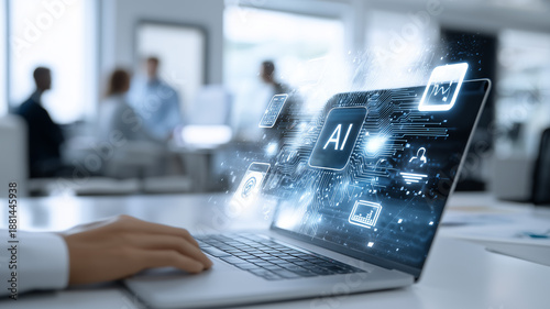 近代的なオフィスで展開されるAI（人工知能）のニューラルネットワークとデータ解析のコンセプトイメージ