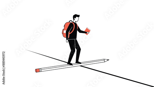 Student balancing on a large pencil, symbolizing the delicate journey of learning and personal growth