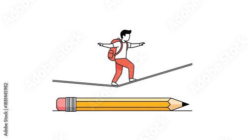 A student balancing on a tightrope above a giant pencil, symbolizing the delicate journey of education