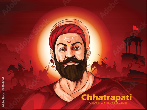 illustration of Chhatrapati shivaji maharaj jayanti Chhatrapati Shivaji Maharaj with a traditional turban, pearl jewelry and a pavilion silhouette; evokes Maratha heritage, bravery, leadership and his