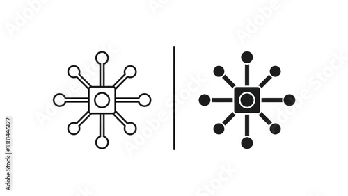 Black and white line art graphic of two identical network node icons with lines and circles on a plain white background