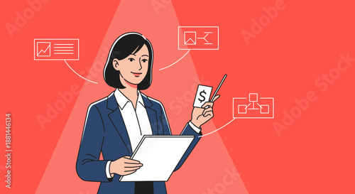 Businesswoman holding tablet and smartphone with digital icons.