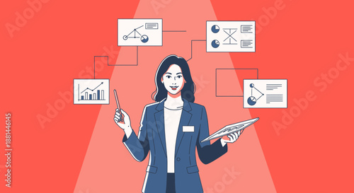 Businesswoman analyzing data with charts and graphs on digital screens.