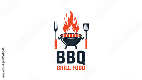 Barbecue grill food logo featuring a flaming charcoal grill with a fork and spatula icons for restaurant and catering branding.