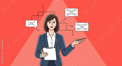 Businesswoman holding papers and pointing to communication flowcharts.