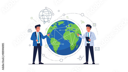 Global Business Network Connection: Two businessmen interact with a digital world map.