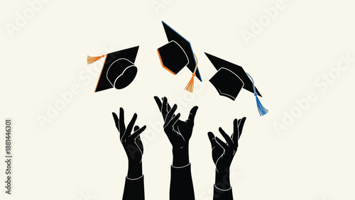A triumphant moment of academic achievement with graduation caps tossed in the air
