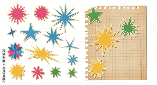 Vibrant collection of colorful starburst shapes and graphic elements, some designed as stickers on vintage lined paper, perfect for various creative projects and decorative accents